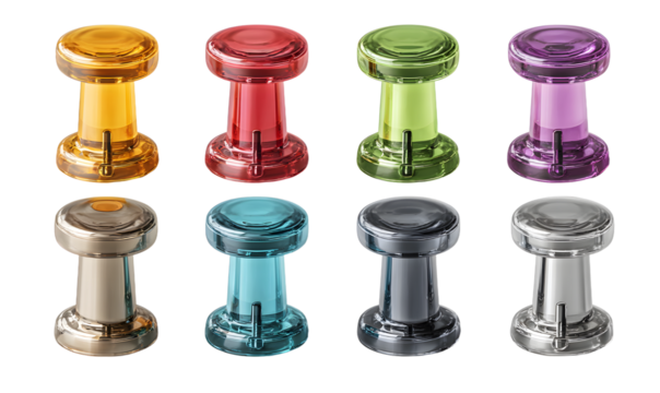 Colorful push pins and metallic tacks isolated on transparent background; pin set includes single and grouped plastic thumbtacks for office, school, or planning concepts