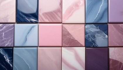Top view of various marble tiles in pink, lilac and blue pastel colors. Generated image
