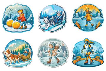 Winter activities illustrated in vibrant colors with snowy backgrounds  