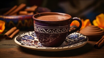Delicious hot chocolate drink in ornate mug with cinnamon sticks perfect for winter cozy moments