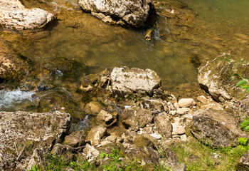 a narrow canyon of a mountain river in the embrace of a granite monolith with vegetation along the banks
