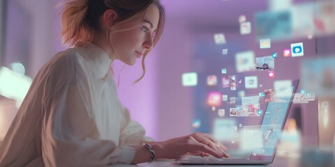 Focused Woman Using Laptop Surrounded by Digital Media Icons