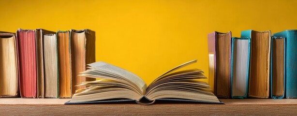 The open book on a wooden table flanked by colorful books