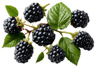 Fresh blackberries and leafy sprigs isolated on transparent background; blackberry set includes single berries, grouped clusters, and branches for food, garden, or health themes