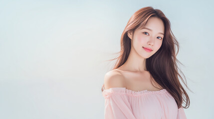 オフショルダー姿が印象的な20代女性の笑顔ポートレート