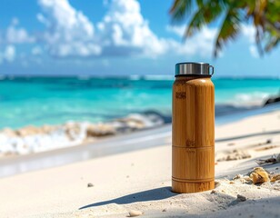 Obraz premium Bamboo Water Bottle on Tropical Beach.