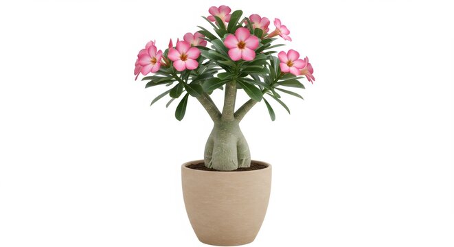Pink Adenium Obesum in Beige Pot Against White Background