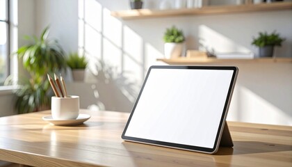 Fototapeta premium Modern Tablet Mockup on Wooden Desk Display Your Digital Designs