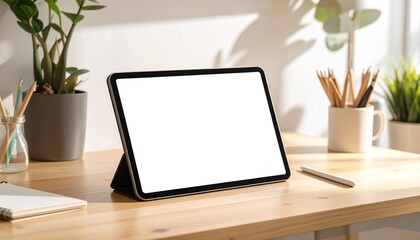 Fototapeta premium Modern home office workspace with a digital tablet mockup screen for creative design concept, on a wooden desk with plants and stationery