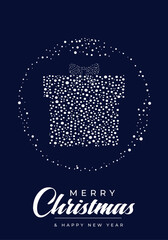 A stylish holiday card featuring a dotted circular motif and a sparkling gift box silhouette beneath a graceful “Merry Christmas” greeting, set against a deep navy background for a festive, timeless f