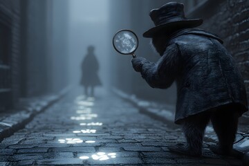 Detective Animal Investigates Mysterious Footprints in Foggy Alley
