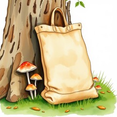 Bag leaning against a tree with mushrooms and grass nearby  