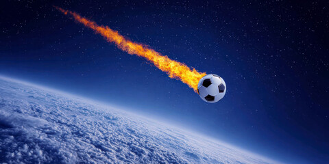 Soccer Ball on a Fiery Descent Through Space Above Earth During a Clear Night