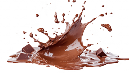 A dynamic splash of rich chocolate with scattered chocolate pieces. captured against a clean white background. ideal for culinary themes. dessert promotions. or food photography