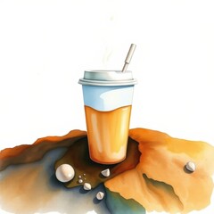 Illustrative coffee cup with steam on sandy surface  