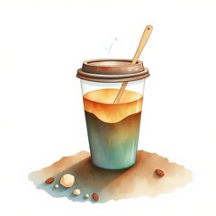 Coffee cup with stirring spoon and coffee beans on surface  