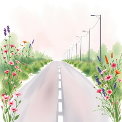 Colorful wildflowers lining a tranquil road in soft pastel colors  