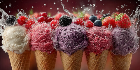 Colorful Ice Cream Cones With Fresh Berries Splashing Water in a Vibrant Backdrop