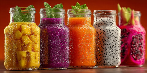 Colorful Fruit Drinks in Jars Arranged on a Wooden Table Against a Vibrant Background