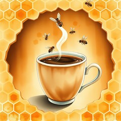 Honeycomb background with steaming coffee cup and flying bees  