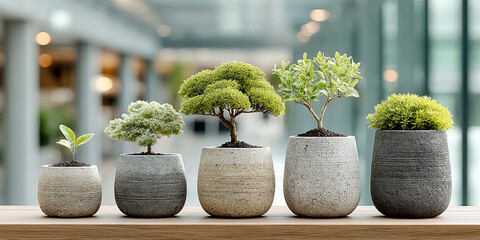Potted Plants Arranged in Modern Ceramic Pots on a Wooden Table in a Bright Space