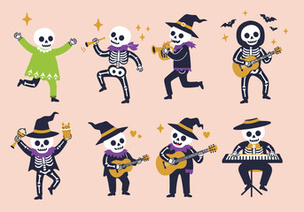 Vector art of a whimsical halloween celebration unfolds with skeletons joyfully playing instruments and dancing amidst musical notes, bats, and festive bunting, all set against a soft pink backdrop