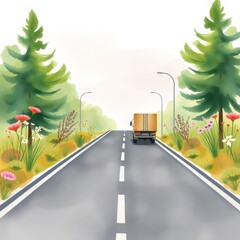 Truck driving on a road surrounded by trees and flowers  