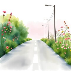 Scenic road with blooming flowers and green trees in spring  