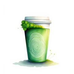 Green coffee cup with fingerprint design and eco-friendly elements  