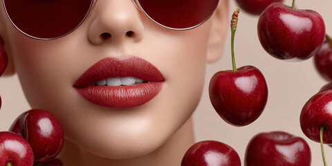 Model Showcasing Red Lips and Sunglasses With Cherries Creating a Vibrant Summer Look