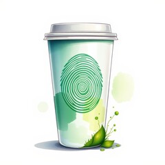 Green coffee cup with fingerprint design and leaf accents  