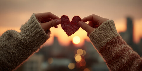 Romantic Sunset Moment With Hands Holding a Red Heart Shape Against the Skyline View