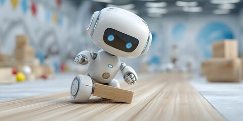 Cute Robot Playing with Wooden Block in Bright Indoor Space