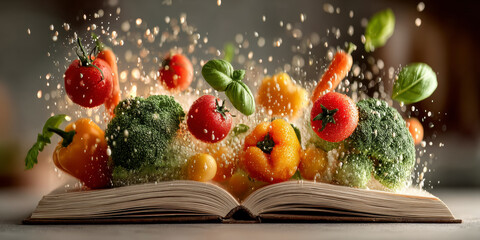 Fresh Vegetables Burst From an Open Cookbook Creating a Colorful and Lively Scene in the Kitchen