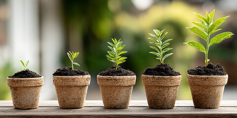 New Plants Growing in Small Pots on a Wooden Surface During Bright Daylight