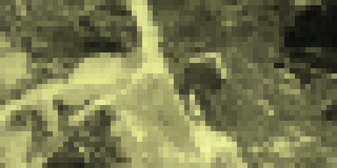 Abstract pixelated landscape featuring mountainous terrain with water elements and a soft monochromatic color palette