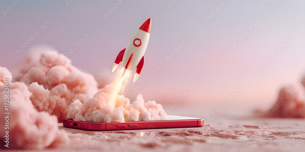 Aufkleber rocket launching from smartphone with pink clouds and gradient background