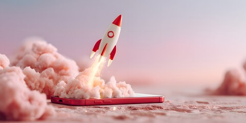 Rocket Launching from Smartphone with Pink Clouds and Gradient Background