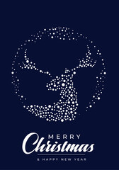A stylish Christmas card design featuring a dotted reindeer silhouette forming a circle on a deep navy background, with Merry Christmas and A Happy New Year messaging for festive use.