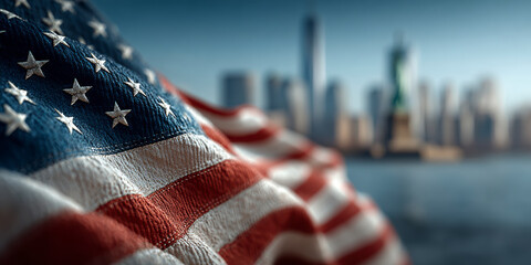 City Skyline With American Flag in Foreground During Sunset in New York