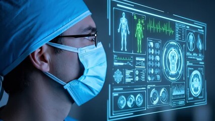 Surgeon analyzing patient data on a futuristic holographic interface, representing innovation in digital healthcare technology - Powered by Adobe