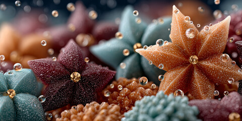 Colorful Flower-Shaped Candies Surrounded by Droplets in a Vibrant Display