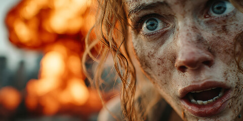 Woman Expresses Fear and Shock in Front of a Nuclear Explosion During a Dramatic Scene