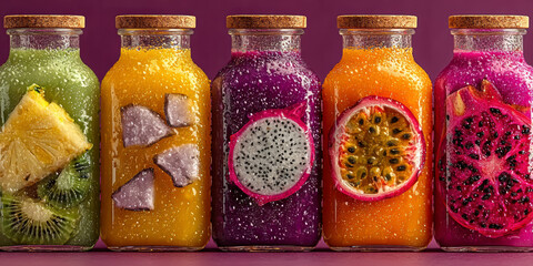 Colorful Fruit Drinks in Jars Filled With Fresh Ingredients on Purple Background