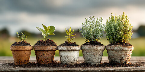 Growing Herbs and Plants in Small Pots on a Wooden Table Under a Cloudy Sky