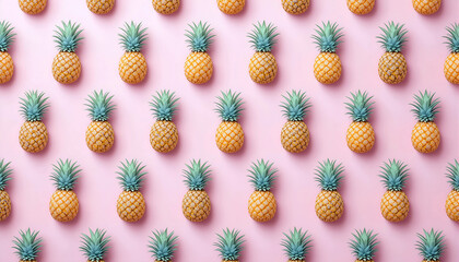 Fototapeta premium Bright Yellow Pineapples Arranged in Neat Rows on a Pink Background Create a Cheerful and Vibrant Display