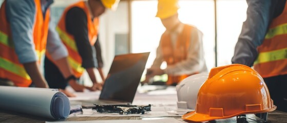 The Construction Helmet on Plans with Engineers Collaborating at a Building Site