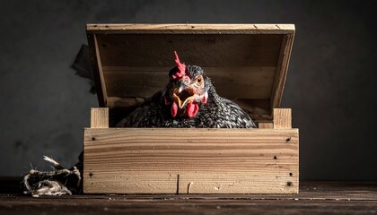 Chicken in a wooden crate
