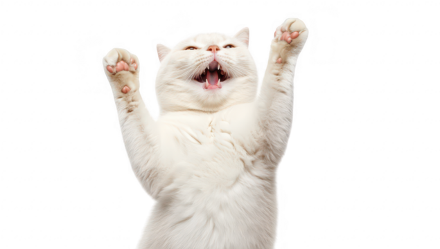 A playful white cat with its paws raised. showing excitement and energy. set against a clean white background. suitable for pet-related content or joyful imagery