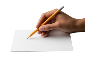 African American hand holding a sharp yellow pencil above transparent paper, isolated on transparent backdrop with soft studio lighting. Concept of professional precision and creative readiness